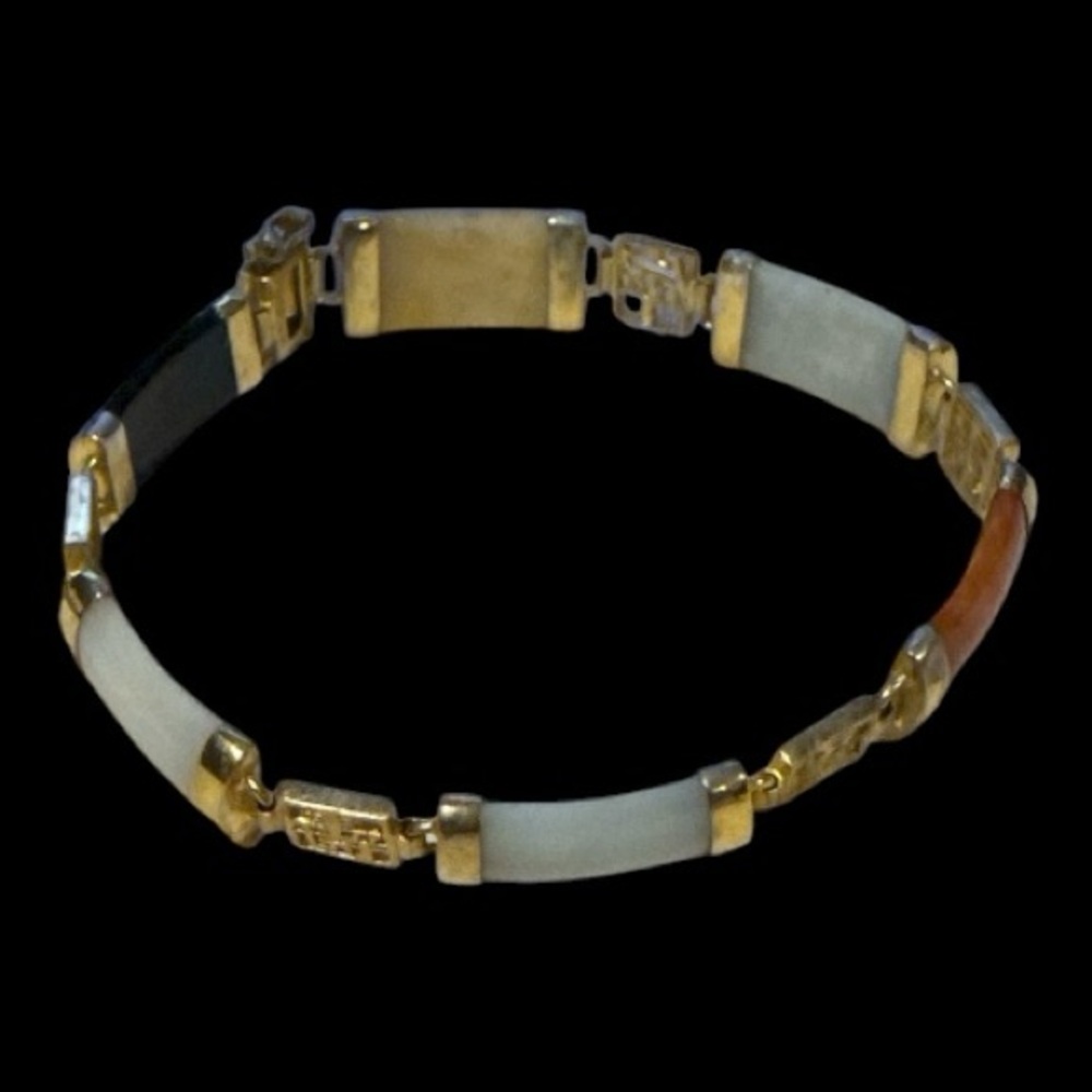 Multi Color Jade 925 Silver Gold Plated Vermeil Bracelet ~ Chinese Character